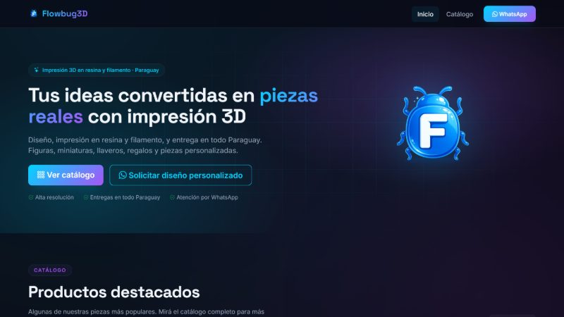 Portada del sitio Flowbug3D de impresión 3D